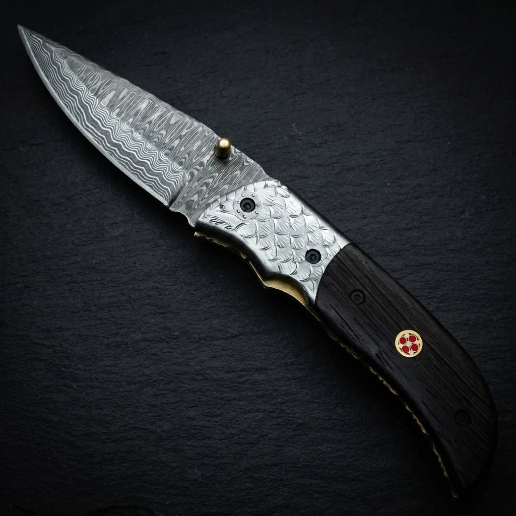 Damascus folding knife — hand-engraved fish scale steel bolster close-up