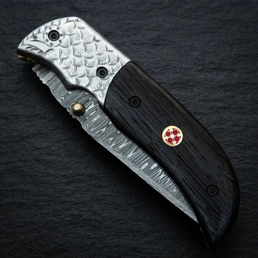 Damascus folding knife — mosaic pin and wenge wood grain detail