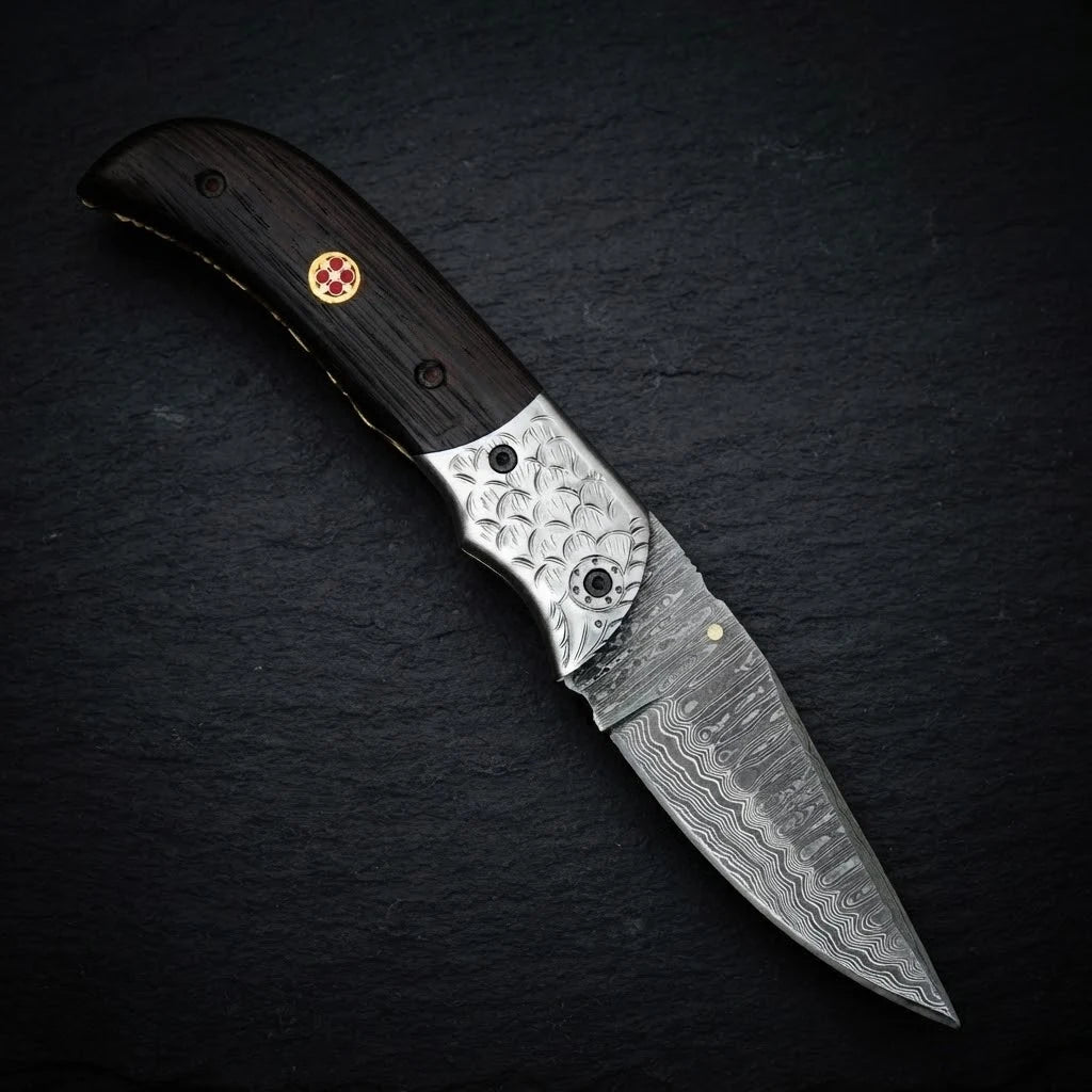 Damascus folding knife with genuine leather sheath