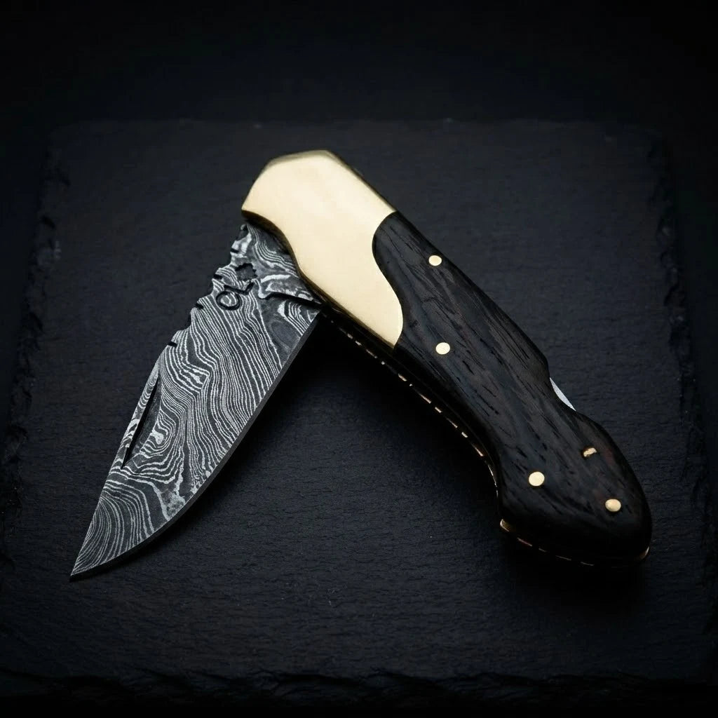 Handmade Damascus folding pocket knife with wenge wood handle