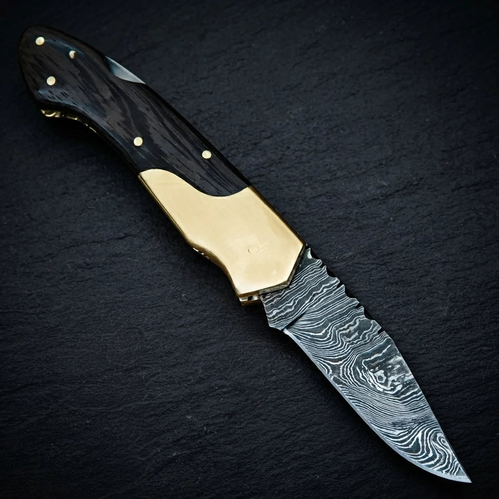 Damascus folding knife — 156-layer blade pattern detail