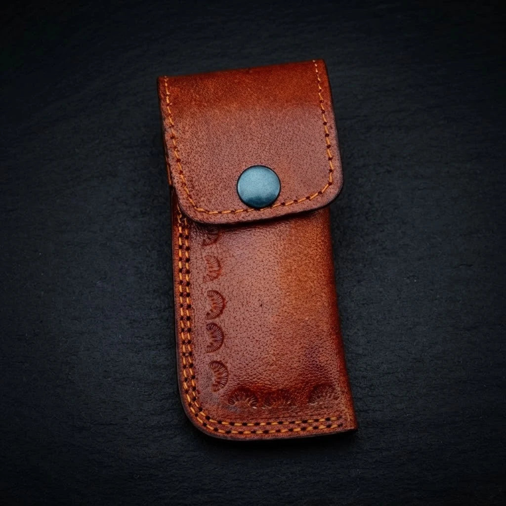 Damascus folding pocket knife with genuine leather sheath
