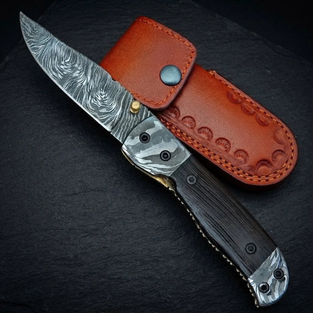Wenge wood handle Damascus folding pocket knife