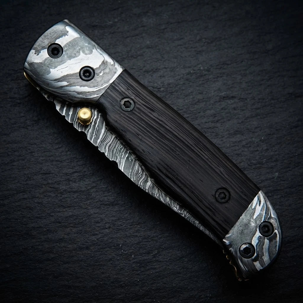Wenge wood handle folding knife — Damascus steel blade close-up
