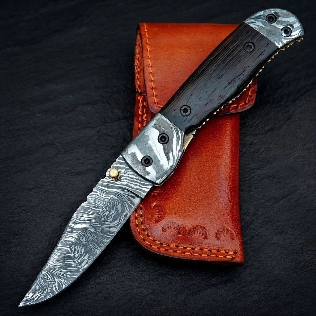 Wenge wood handle and Damascus steel bolster detail