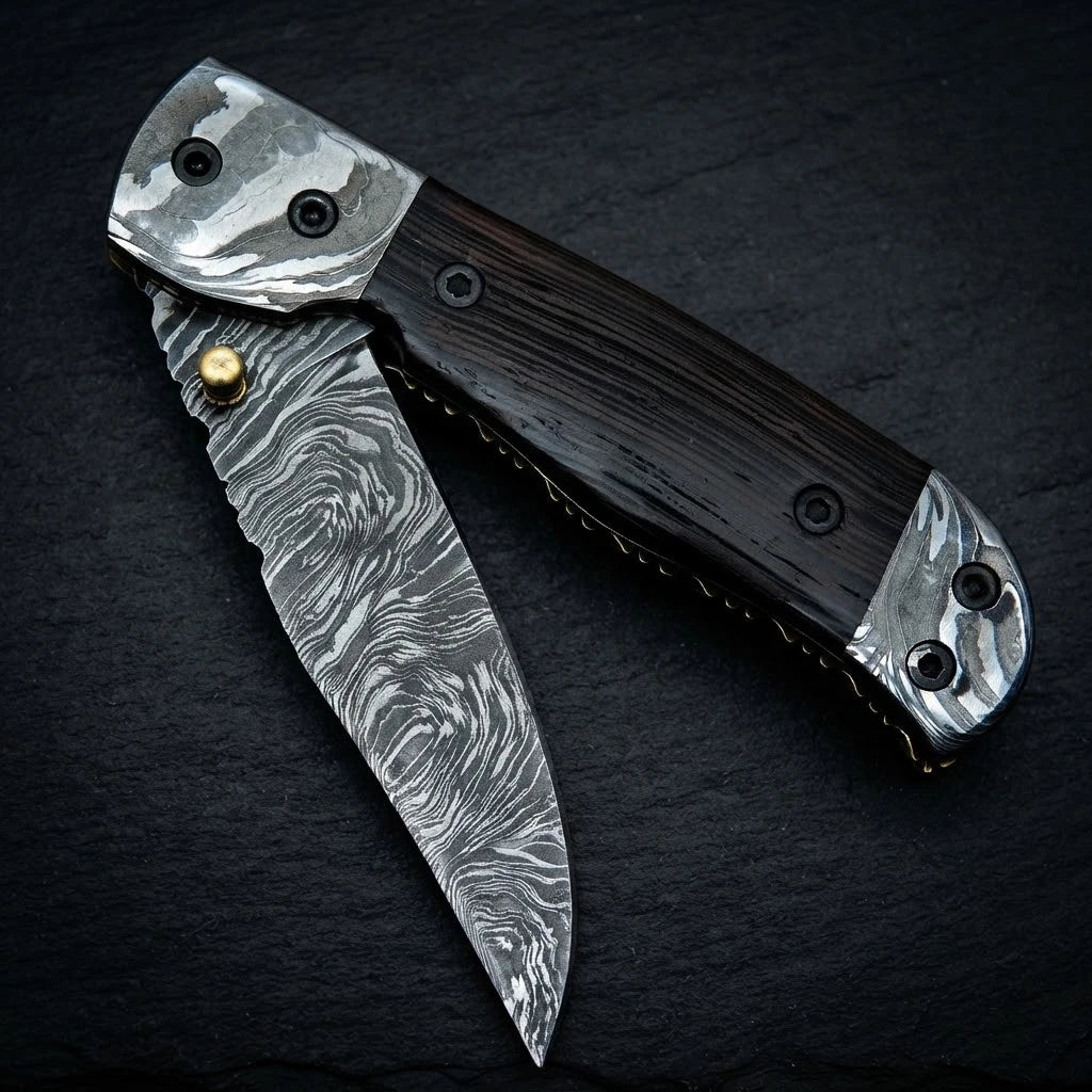 Wenge wood handle Damascus folding knife, folded view