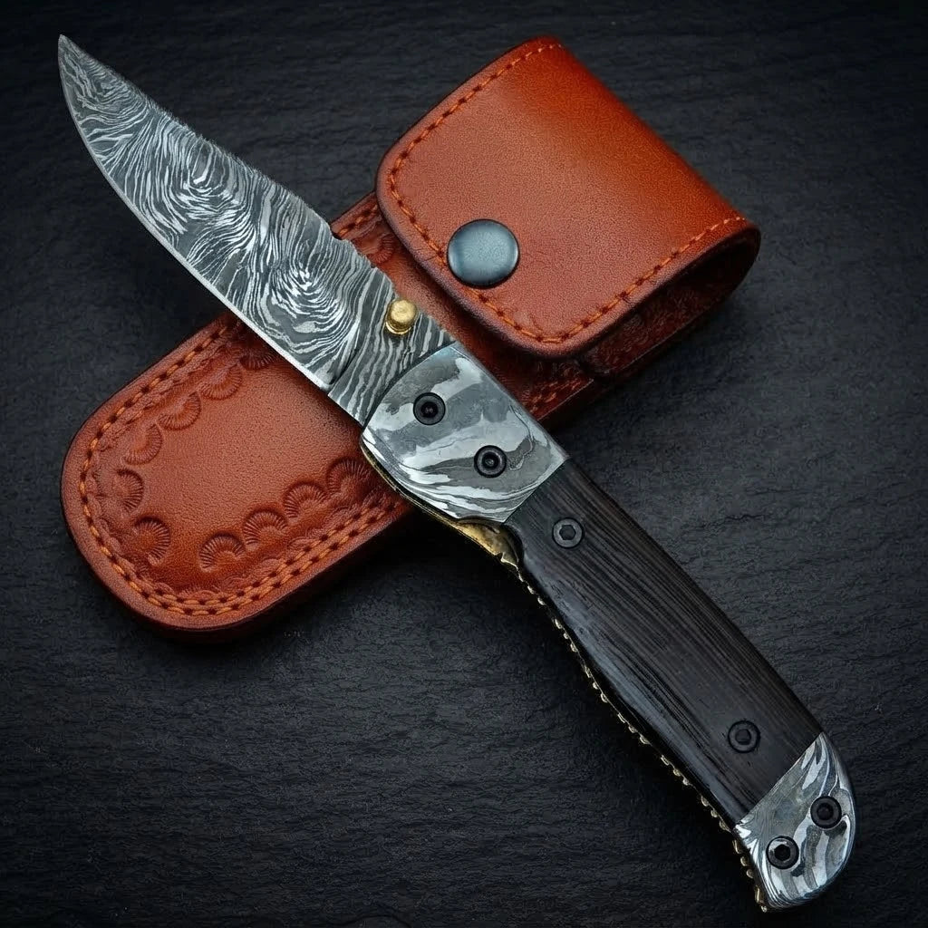Wenge wood handle Damascus folding knife with leather sheath