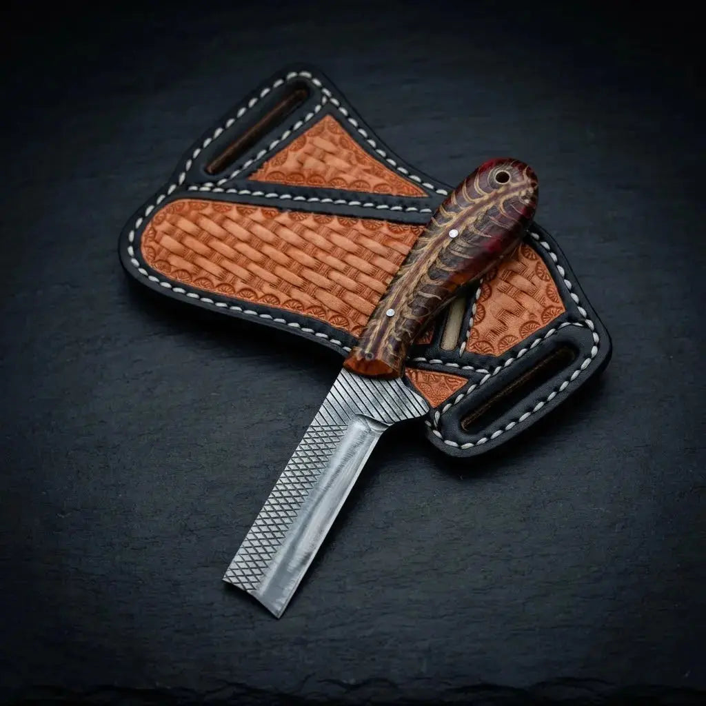 Pinecone handle cowboy knife with hand-stitched decorated cross-draw leather sheath