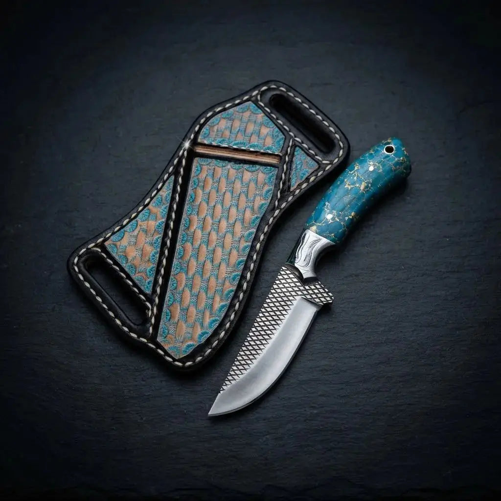 Handmade western skinner knife with 8 inch horse rasp steel blade and stone grip