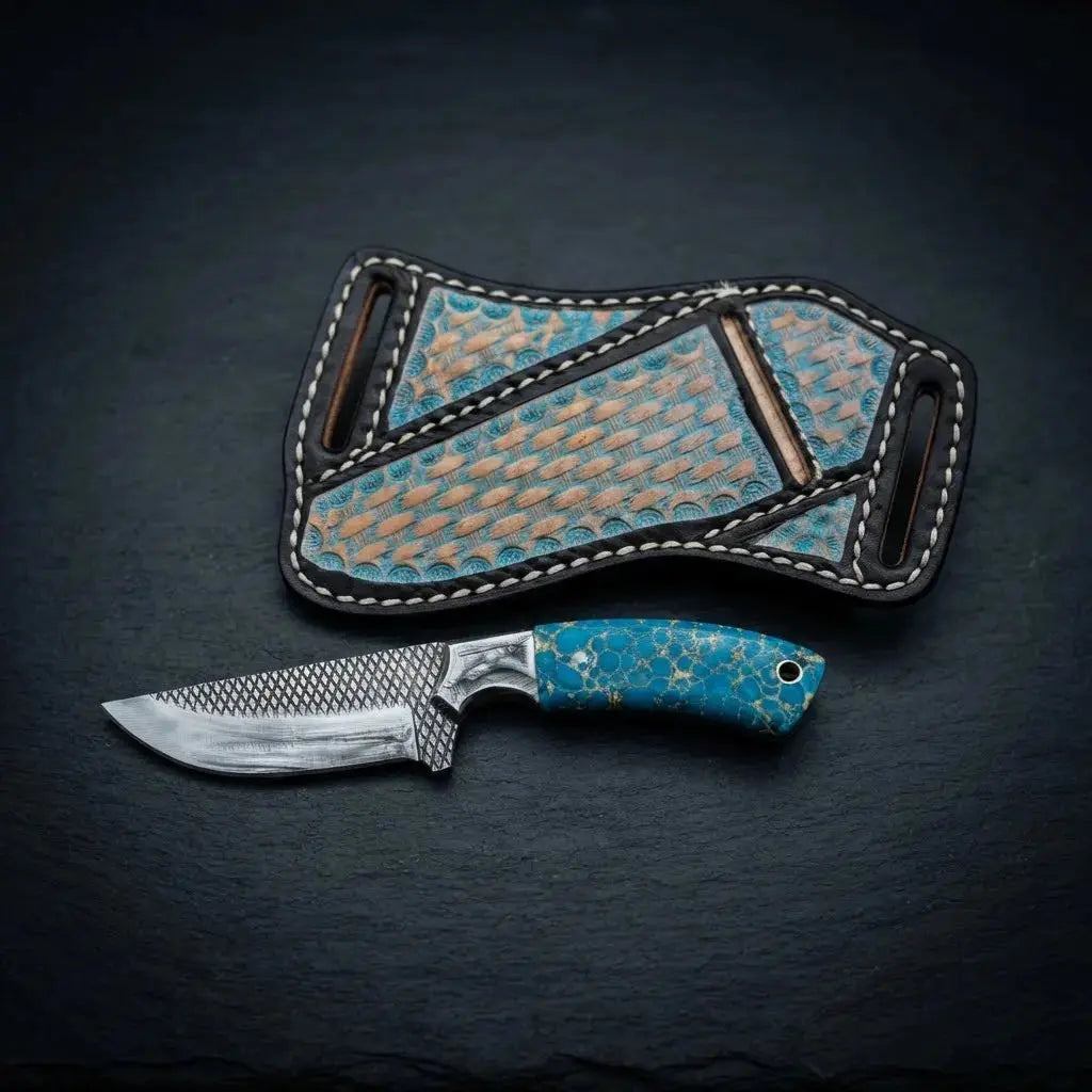 Western skinner knife stone handle and steel bolster detail