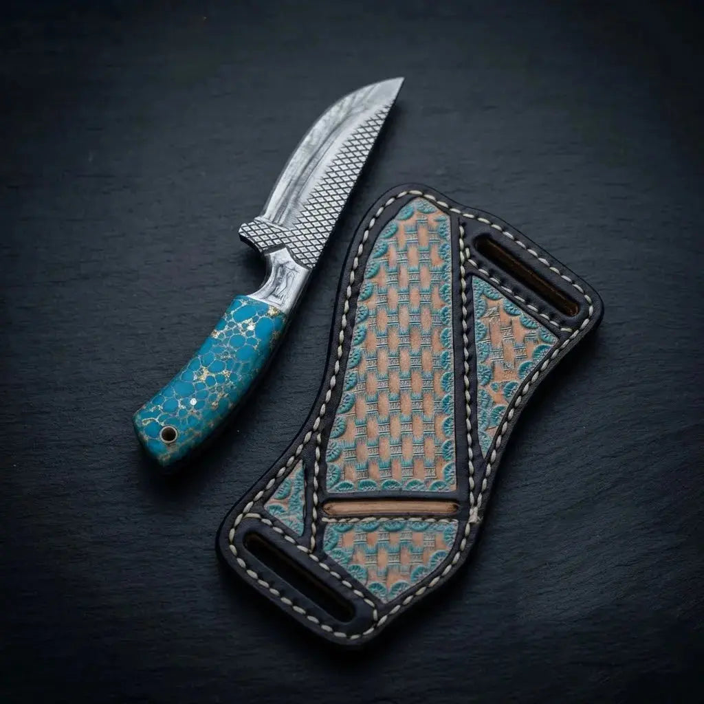 Western skinner knife with hand-stitched cross-draw leather sheath