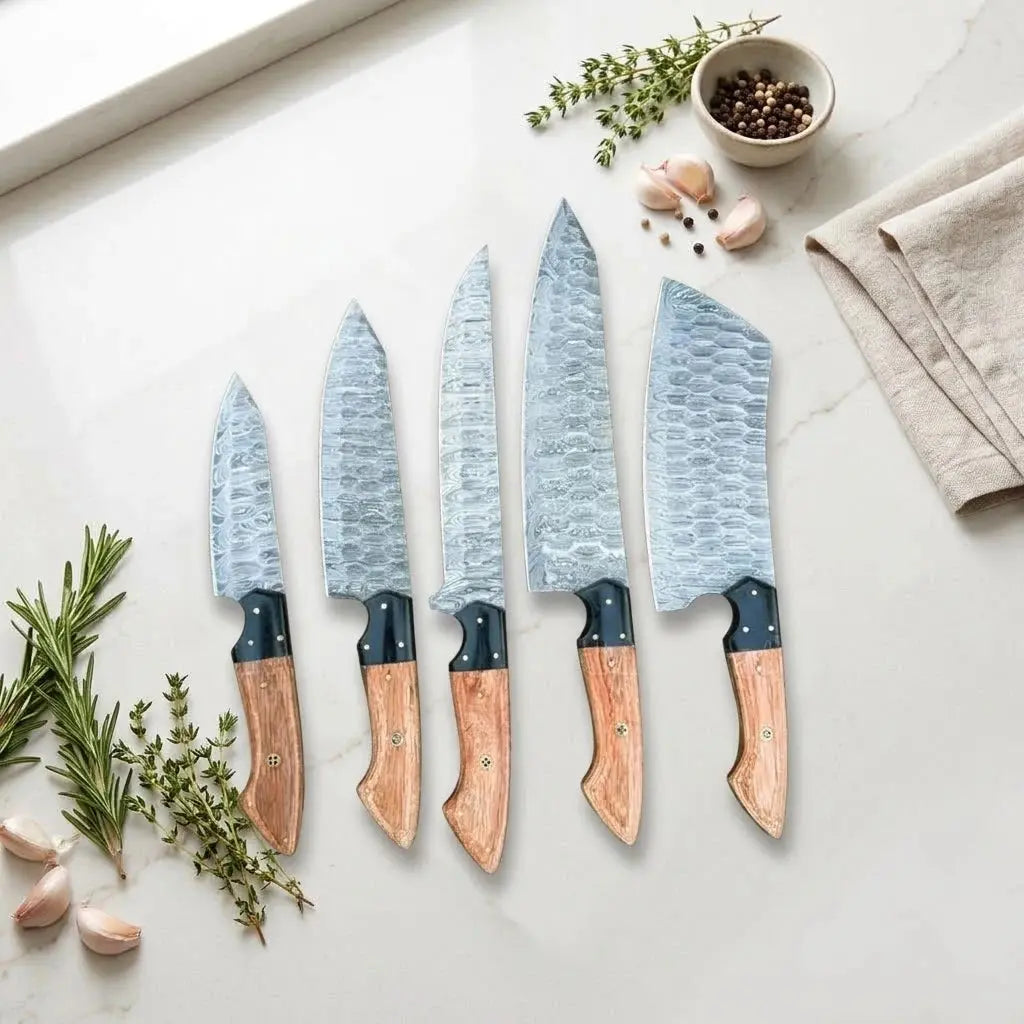 Wood handle Damascus knife set standing in a row, handmade groomsmen and Christmas gift for chefs