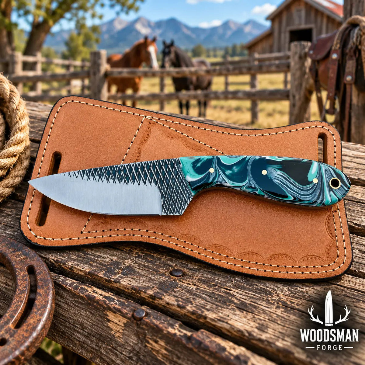 Ironbriar Rasp Steel Skinner Knife – Resin Handle & Leather Sheath
